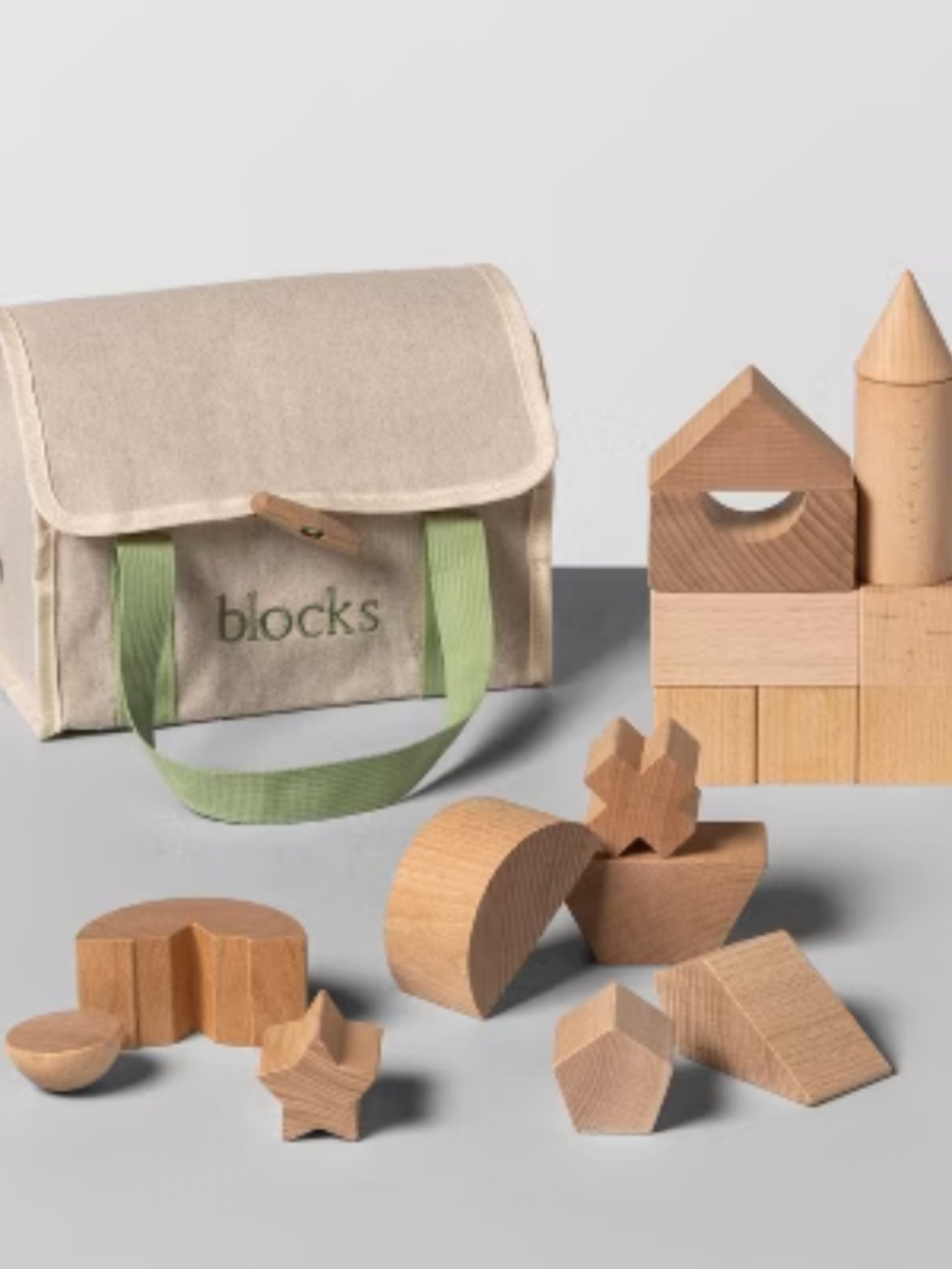 Hearth & Hand Natural Wood Shape Blocks with Canvas Tote - Blue Background